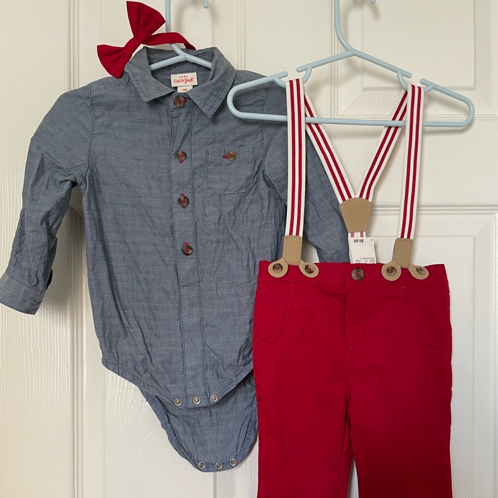 NEW Cat & Jack suspender pant and button up shirt outfit size 12 mths